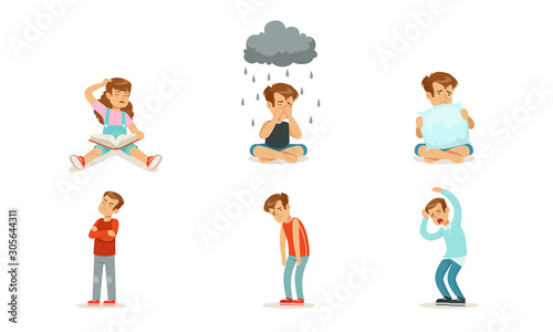 Children are sad and cry. Set of vector illustrations.