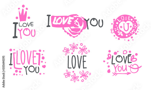 Pink logos with a declaration of love. Set of vector illustrations.