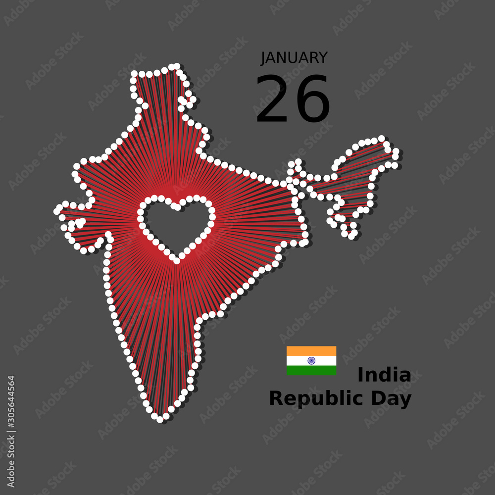 India Happy Republic Day. Patriotic illustration of India country unity with map, flag, heart.