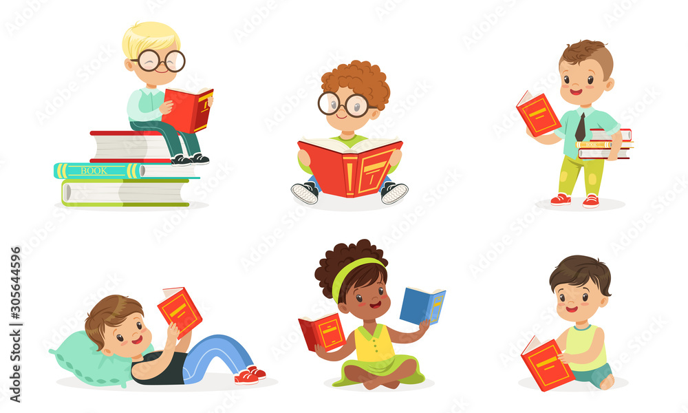 Children read a lot of books. Set of vector illustrations. Children read a lot of books. Set of vector illustrations.