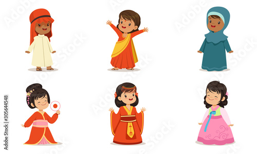 Boys and girls in national costumes of different countries. Set of vector illustrations.
