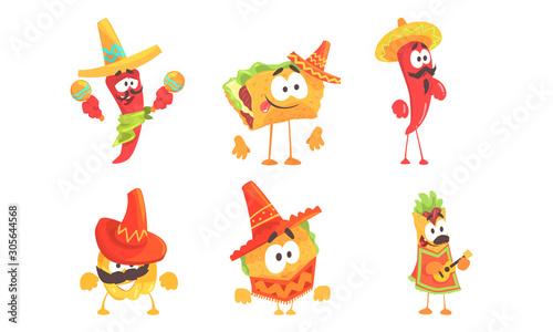 Cartoon humanized traditional mexican food. Set of vector illustrations.