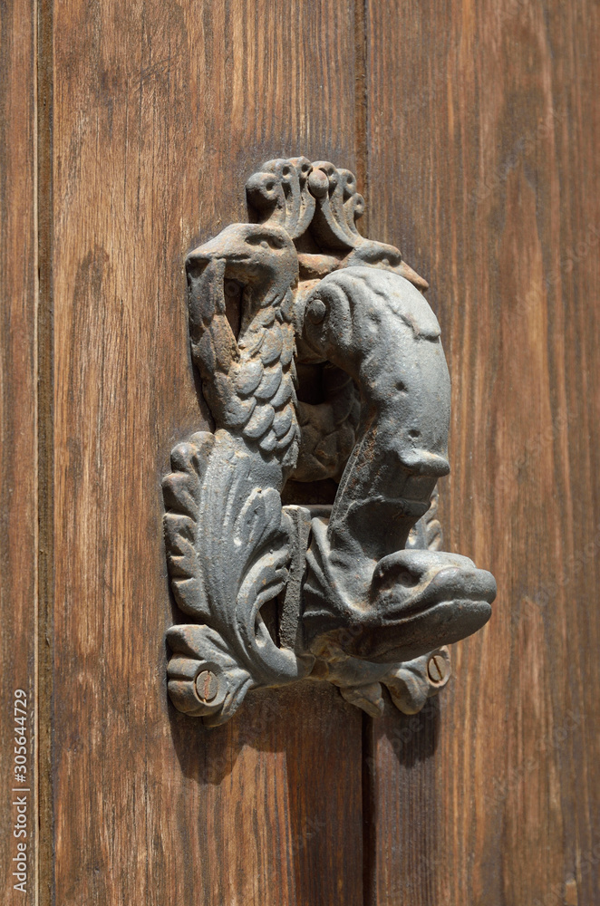 Iron zoological door knob on the ancient wooden door Iron zoological door knob on the ancient wooden door