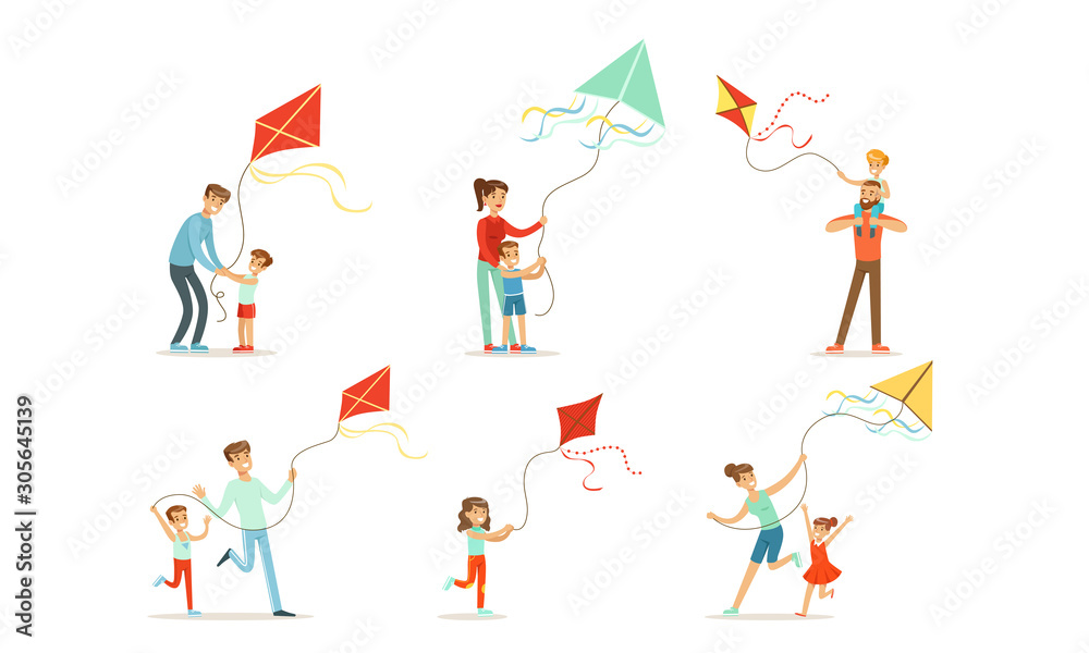 Adults and children fly a kite. Set of vector illustrations.