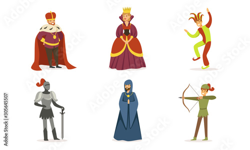 People of different classes in medieval clothes. Set of vector illustrations.