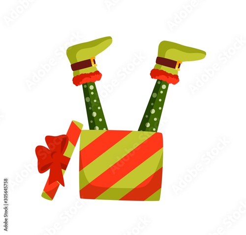 Christmas Elf legs and gift box vector illustration. Leprechaun, Santa helper cartoon character. New Year present, fairytale elfin feet in holiday packaging isolated on white background.