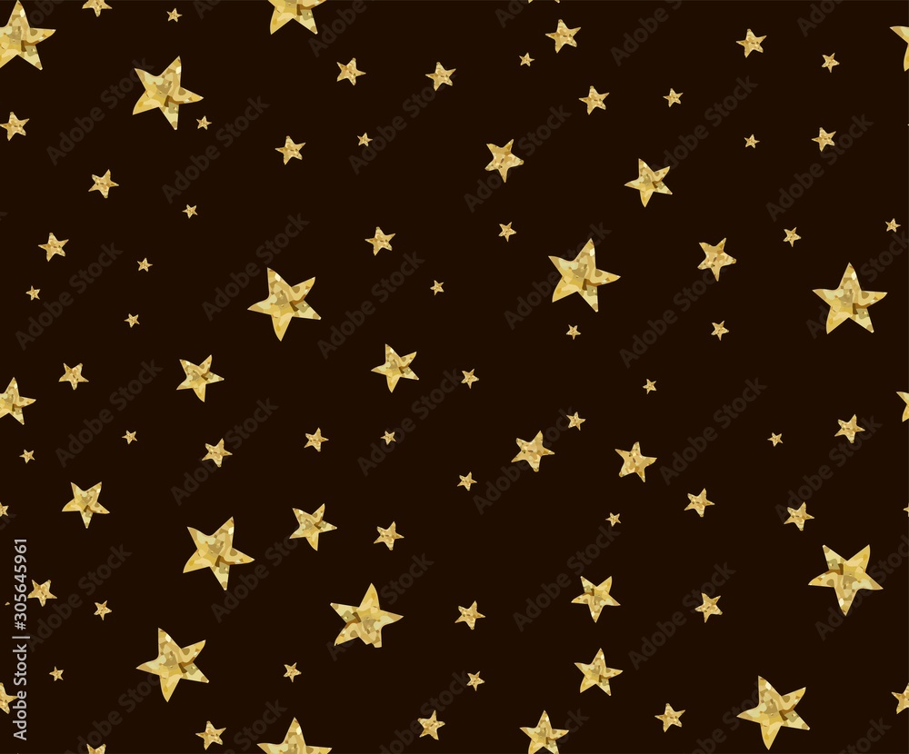 Seamless pattern with golden eyes with textured stars on a black background for New Year and Christmas.. Decorative wallpaper, Hand drawn overlapping background, Background for textile wrapping paper.