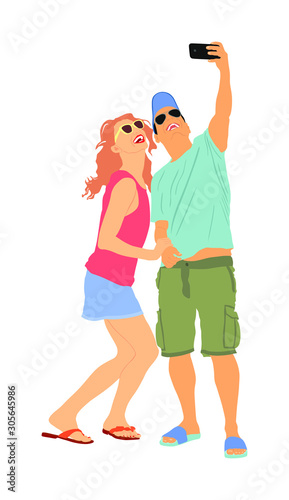 Girlfriend and boyfriend couple in love  taking selfie picture vector isolated on white. Hand hold mobile phone. Woman and man smiling on camera selfie. Fan with popular super star after concert event