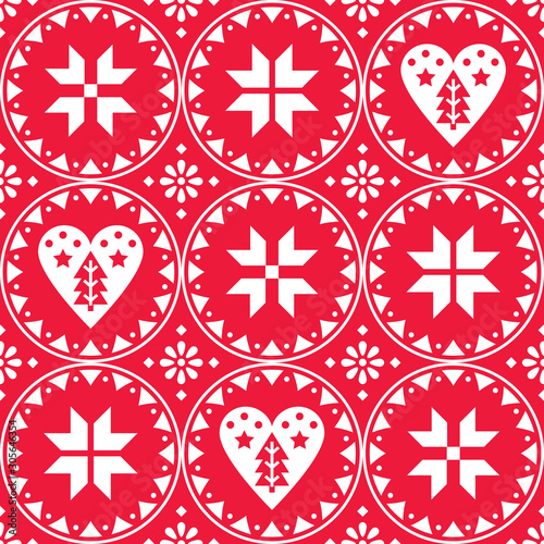 Scandinavian Christmas seamless vector pattern with snowflakes, hearts and Christmas trees - Nordic folk art style