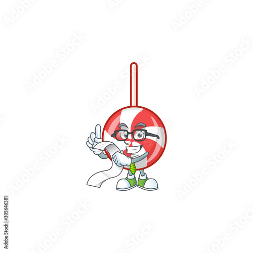 Cute striped peppermint candy cartoon character with menu ready to serve