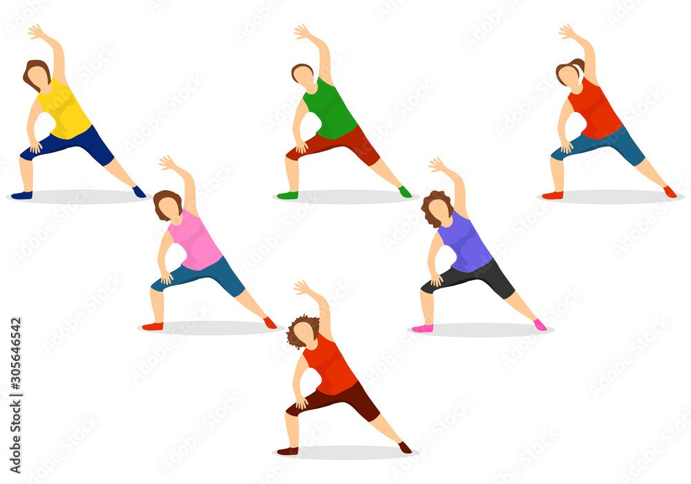 Aerobics. A group of women is engaged in aerobics isolated on a white background. Vector illustration of aerobics concept.