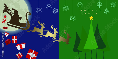 Carte de Noël en deux parties - un côté avec le père Noël et son traineau sur un fond bleu, de l’autre côté des sapins sur un fond vert.