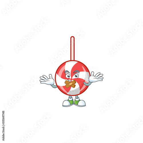 Striped peppermint candy mascot cartoon character style making silent gesture