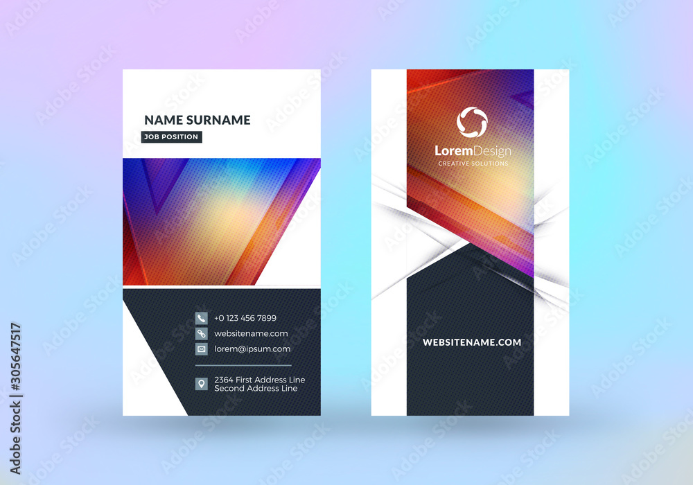 Fototapeta premium Double-sided vertical business card template. Vector mockup illustration. Stationery design. Halftone texture