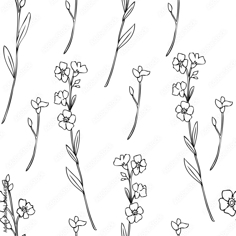 Seamless Pattern Forget Me Not Flowers Vector Illustration Isolated On White Background Ink Sketch Decorative Herbal Doodle Line Art For Design Medicine Wedding Invitation Card Floral Cosmetics Stock Vector Adobe Stock