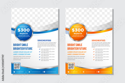 Vector blue and orange business brochure, flyer template. Modern wave corporate design. space for photo. circle shape element. vertical layout.