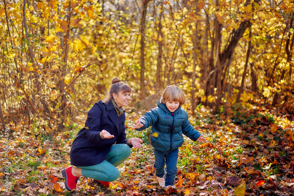 mom with son in nature in the autumn park