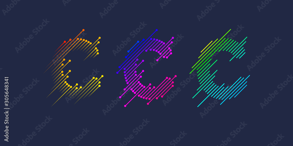 Several variants of one letter C of the Latin alphabet. Dynamic sign in bright color and consisting of lines. Several variants of one letter C of the Latin alphabet. Dynamic sign in bright color and consisting of lines.