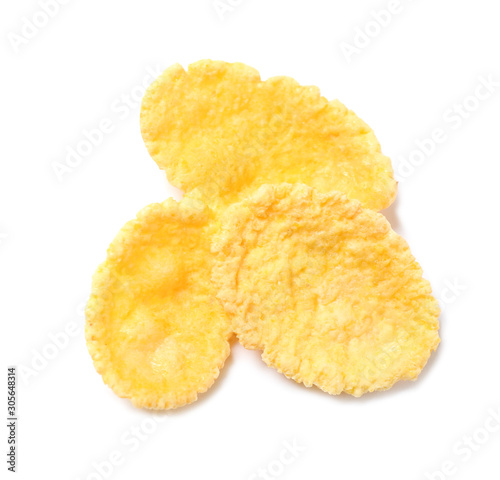 Tasty crispy corn flakes isolated on white, top view
