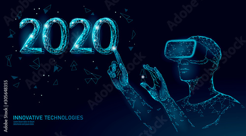 Low poly 3D 2020 date number holiday greeting card. Happy New Year high technology virtual reality. Engineering party invitation sale vector illustration