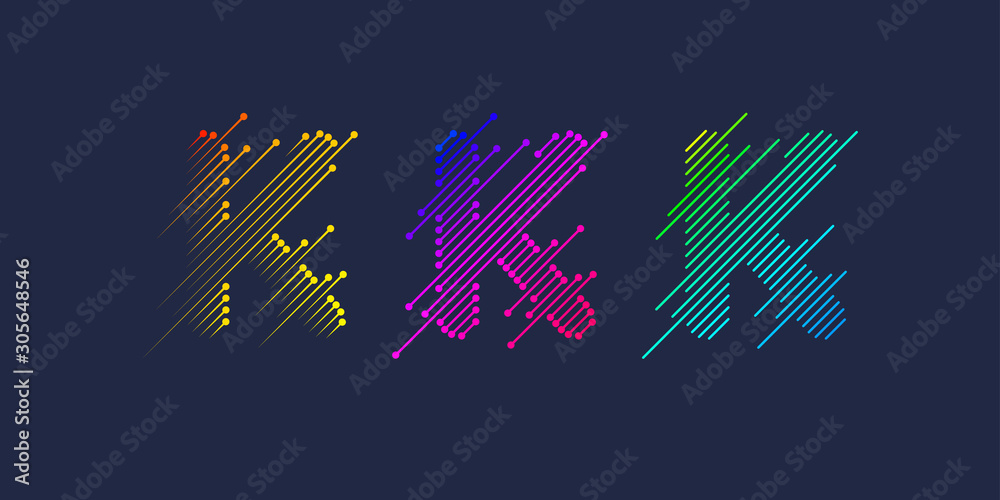 Several variants of one letter K of the Latin alphabet. Dynamic sign in bright color and consisting of lines. Several variants of one letter K of the Latin alphabet. Dynamic sign in bright color and consisting of lines.
