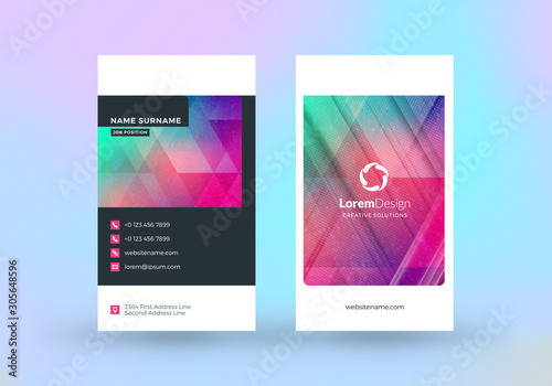 Double-sided vertical business card template. Vector mockup illustration. Stationery design. Halftone texture