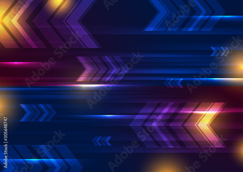 Colorful glowing neon technology graphic design with arrows. Abstract geometric futuristic background. Vector illustration © saicle