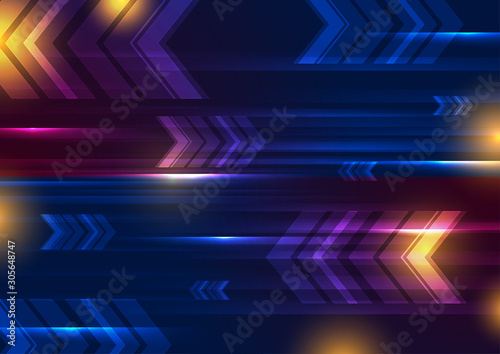 Colorful glowing neon technology graphic design with arrows. Abstract geometric futuristic background. Vector illustration