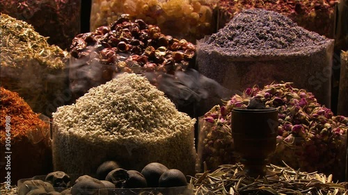 Close-up low-angle still shot dried incenses and spices on display at a famous market, Spice Souk, Dubai