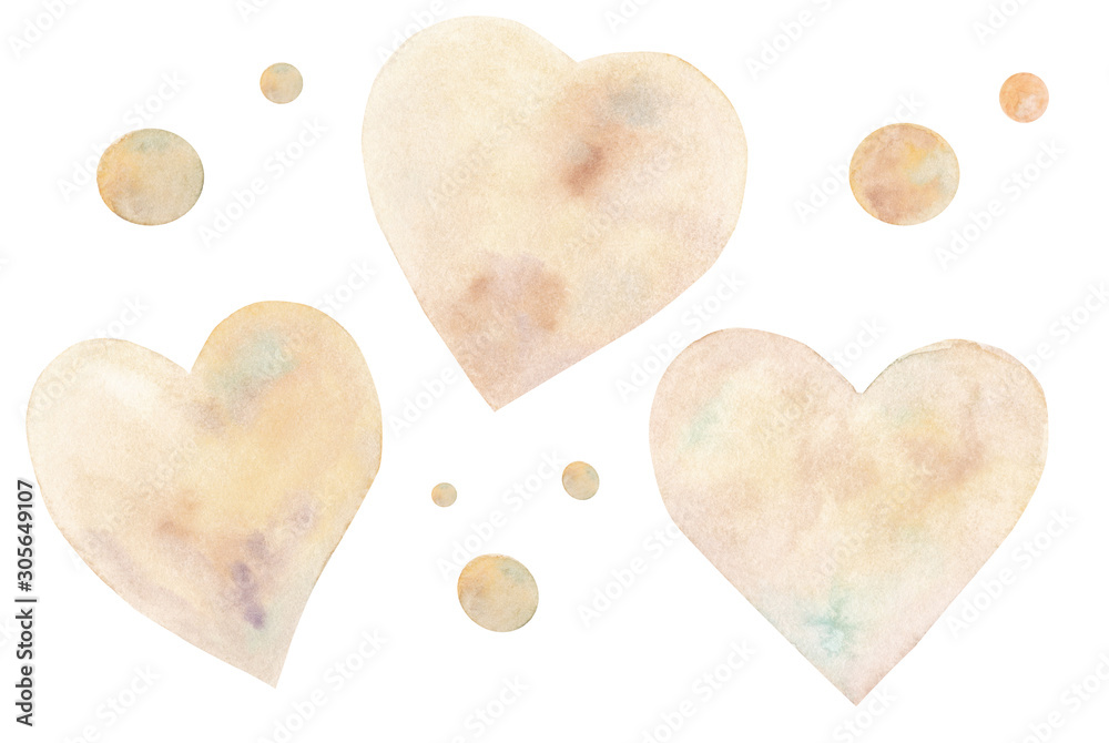 Watercolor hand painted hearts and circles like kraft paper texture set isolated on white background. Good for Valentine's day or wedding card, posters, invitations Watercolor hand painted hearts and circles like kraft paper texture set isolated on white background. Good for Valentine's day or wedding card, posters, invitations