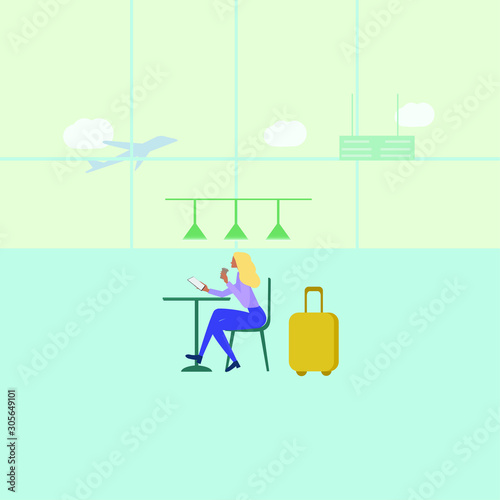 Young woman waiting the flight in terminal airport. Sitting in a cafe and using her smartphone.