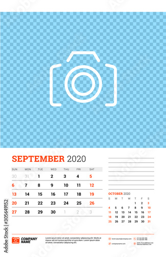Wall calendar planner template for September 2020. Week starts on Sunday. Typographic design template. Vector illustration
