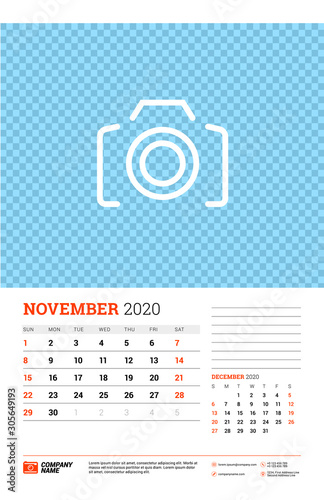 Wall calendar planner template for November 2020. Week starts on Sunday. Typographic design template. Vector illustration