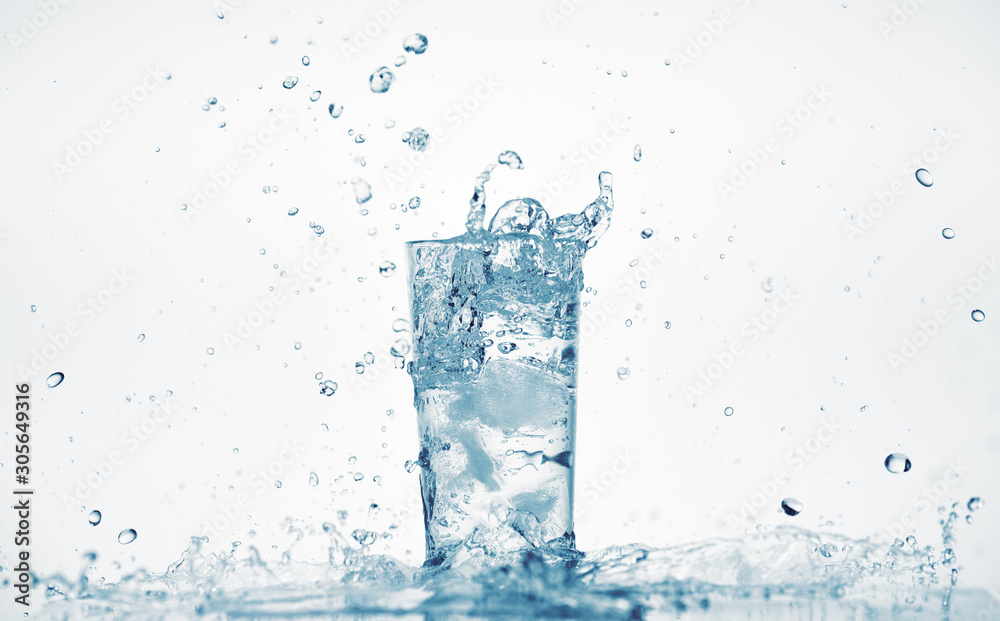 one glass of water with splash from falling ice cube, white background, isolated object