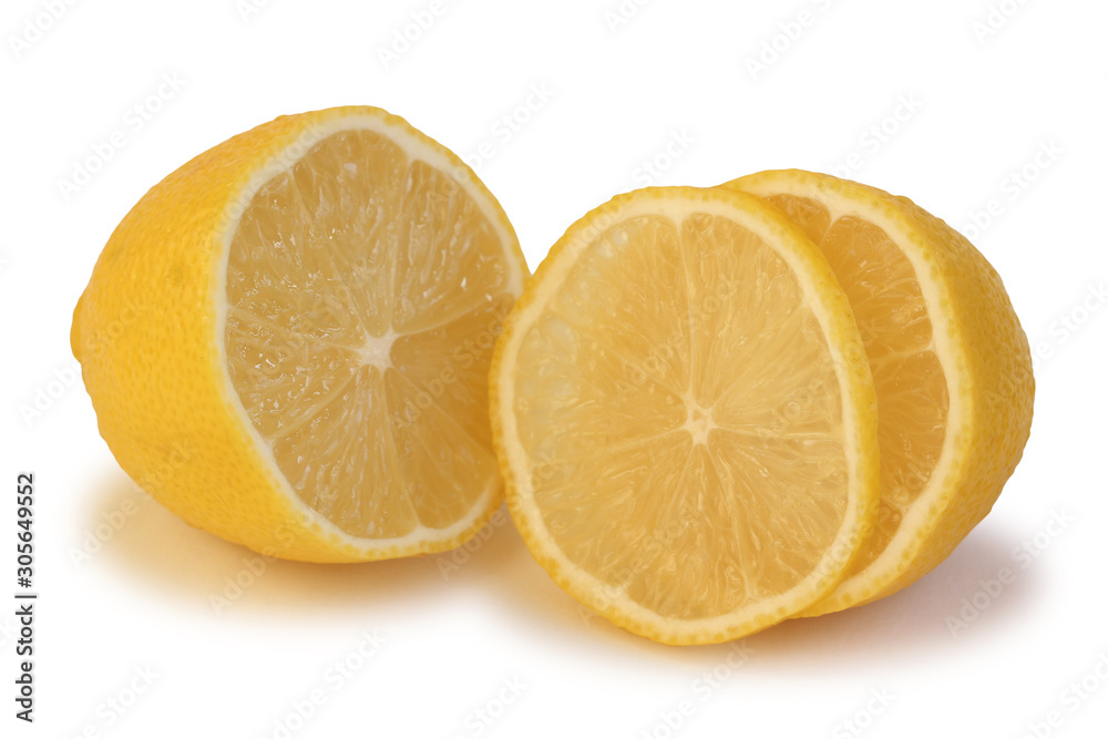 Close up photo of a fresh lemon on white background with shadow. 