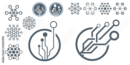 Set of abstract technological conception symbols. Vector technology background.