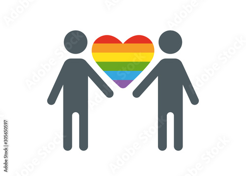 Silhouettes of homosexual people holding hands isolated on white background with a heart. LGBT concept, gay and lesbian rights. LGBT logo. Gay couple icon
