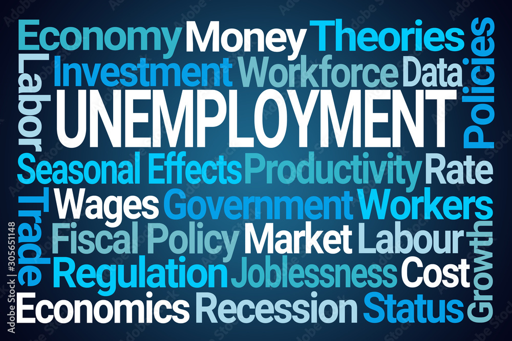Unemployment Word Cloud on Blue Background Unemployment Word Cloud on Blue Background