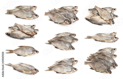 Set of tasty dry fish on white background