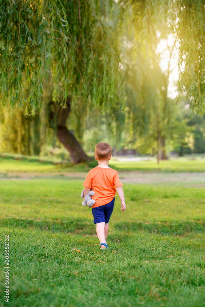 Kid going to future. Little cute toddler Caucasian boy in red t-shirt with stuffed plush toy walking alone in park with tall trees at sunset on summer sunny day. View from back behind. Kid going to future. Little cute toddler Caucasian boy in red t-shirt with stuffed plush toy walking alone in park with tall trees at sunset on summer sunny day. View from back behind.
