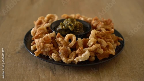 Fried pork rince or Pork snack with Northern Thai Green Chilli Dip photo