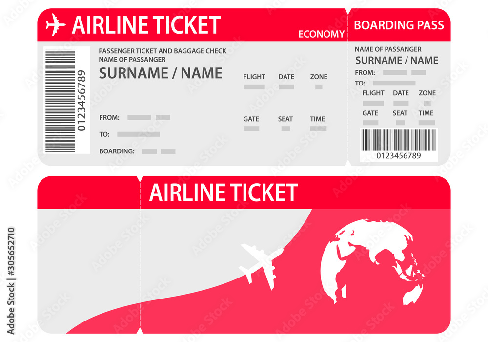 Vecteur Stock Airline ticket or boarding pass for traveling by plane  isolated on white.Plane ticket template. Air economy flight. Red design.  Boarding Pass to take off the aircraft. Vector illustration. | Adobe