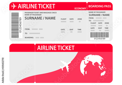 Airline ticket or boarding pass for traveling by plane isolated on white.Plane ticket template. Air economy flight. Red design. Boarding Pass to take off the aircraft. Vector illustration.
