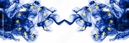Eu, European Union vs European Union, EU smoky mystic flags placed side by side. Thick colored silky abstract smoke flags combination