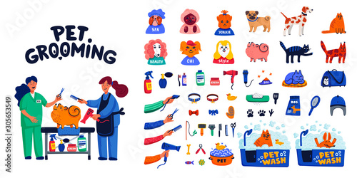 Pet grooming big set. Dog care, grooming, hygiene, health, Pet shop, accessories, tools, vets and domestic animals on white background. Flat style vector illustration.