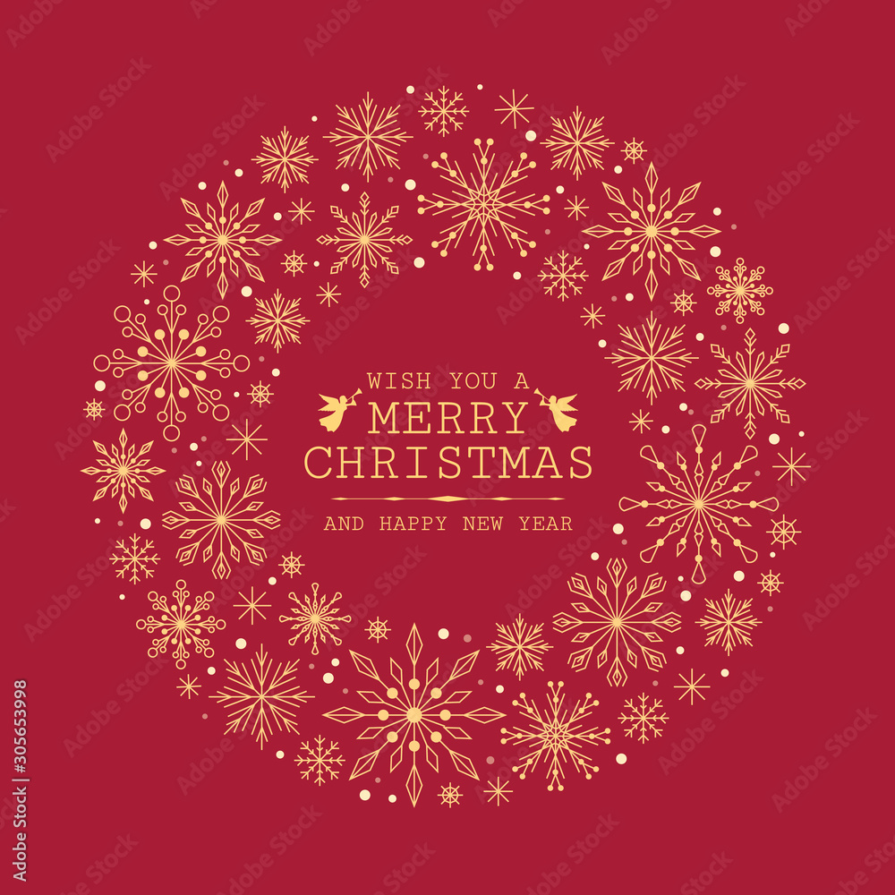 merry christmas banner card - gold circle frame with abstract line snow sign on red background vector design