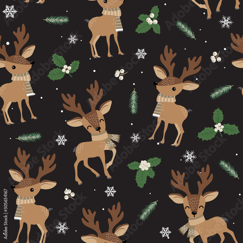 Christmas seamless pattern with reindeer background, Winter pattern with deer, wrapping paper, pattern fills, winter greetings, web page background, Christmas and New Year greeting cards