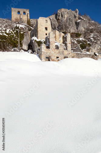 Remains of the old fort on Kalnik mountain in snow, Croatia