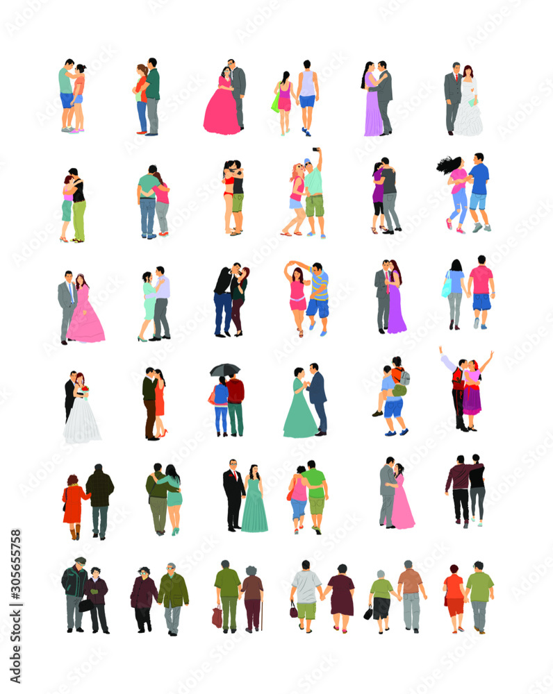 Couple in love vector big collection. Woman and man in love. Girl and boy dancing. Wedding couple, bride and groom ceremony. Senior people closeness. All generations family people set. Valentines day