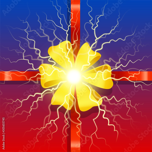Ribbon and bow with lightning, element of present. Art cover or greeting card with shiny knot in 3d design style. Top view of gift box with glossy tape. Holiday package with elegant band vector